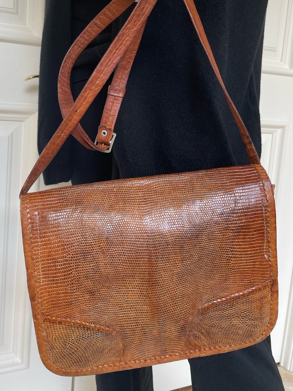Vintage Genuine Lizard Leather Crossbody Bag Tan Cognac Boho Shoulder Purse